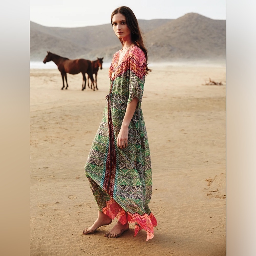 Anthropologie Vanessa Virginia Chama Kaftan Maxi Dress. In Pink and Green - Sz S